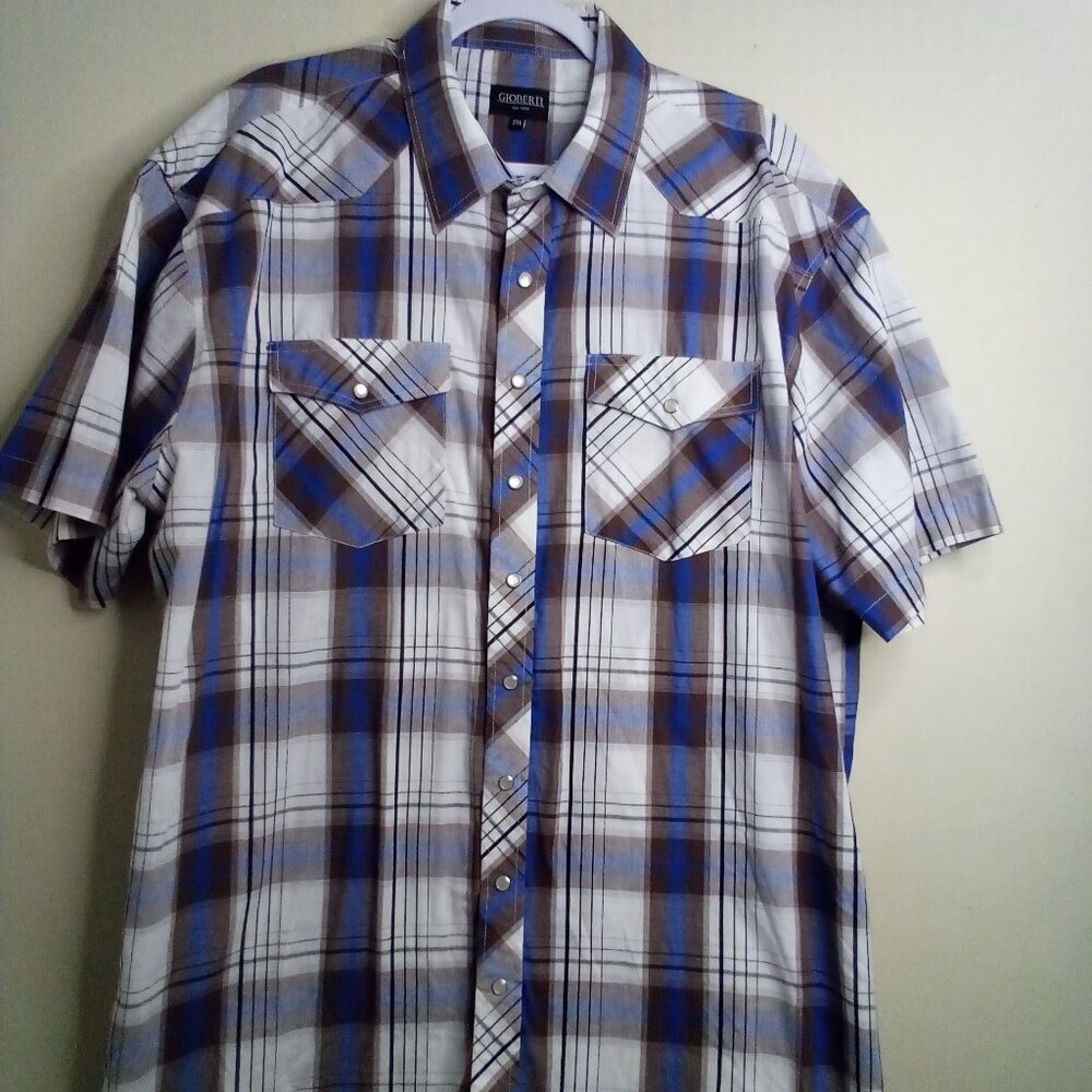 Gioberti Shirt Men 2XL Short Sleeve Pearl Snaps Plaid Brown Blue